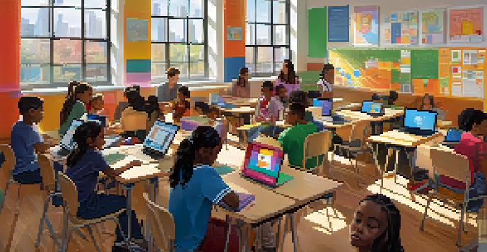 A diverse group of students in a bright classroom, working together on laptops during a digital literacy lesson.