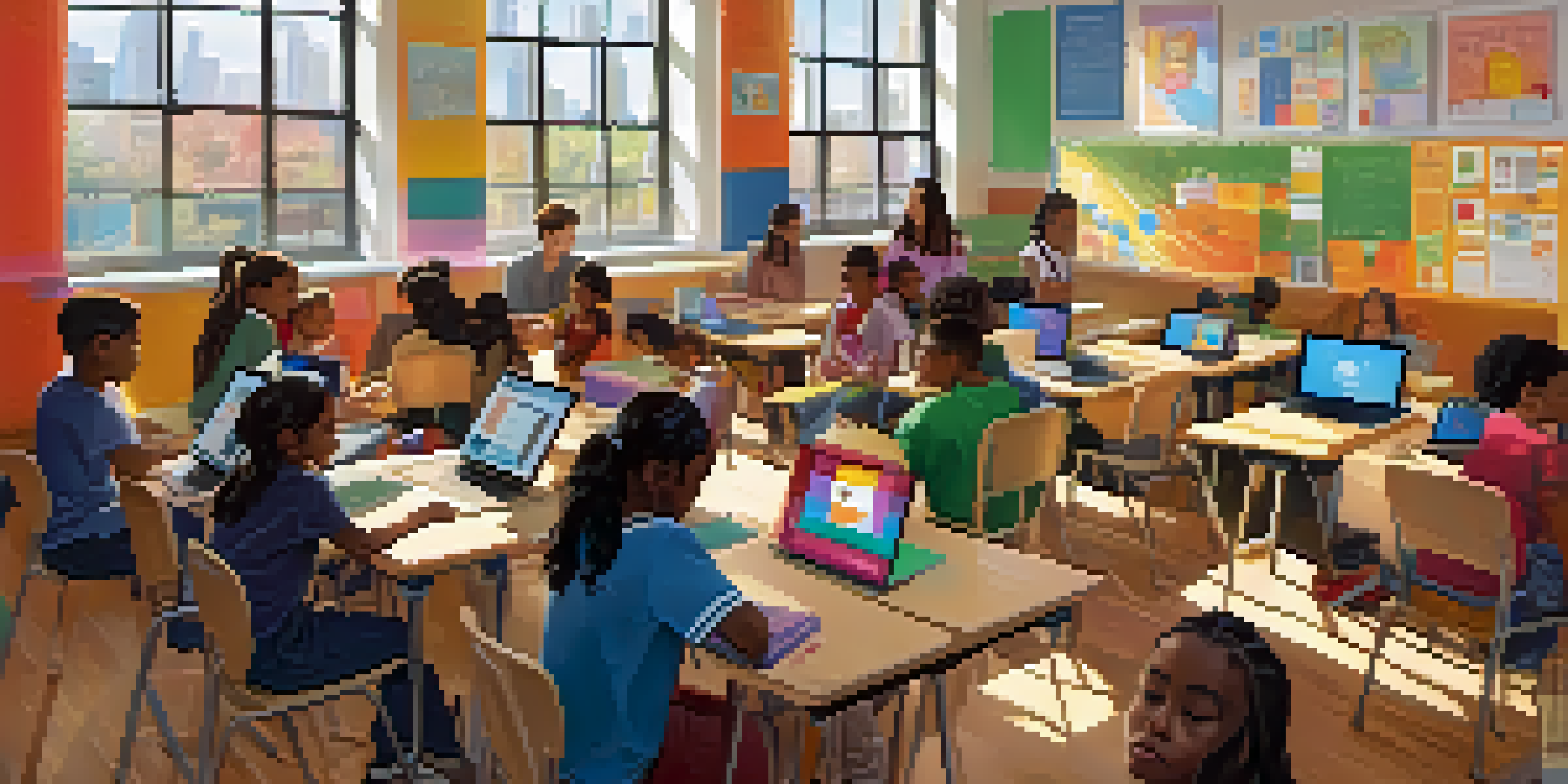 A diverse group of students in a bright classroom, working together on laptops during a digital literacy lesson.