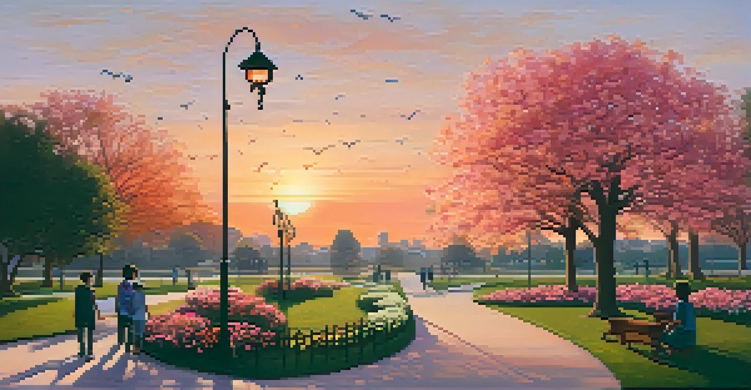 A peaceful park at sunset, with warm colors in the sky and people enjoying their time outdoors.