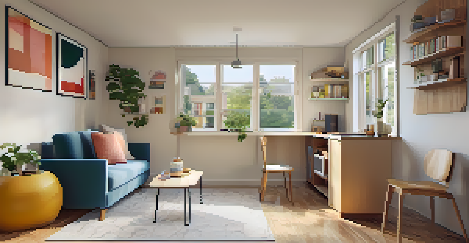 A cozy interior of a micro-housing unit featuring multifunctional furniture and bright colors, filled with natural light.