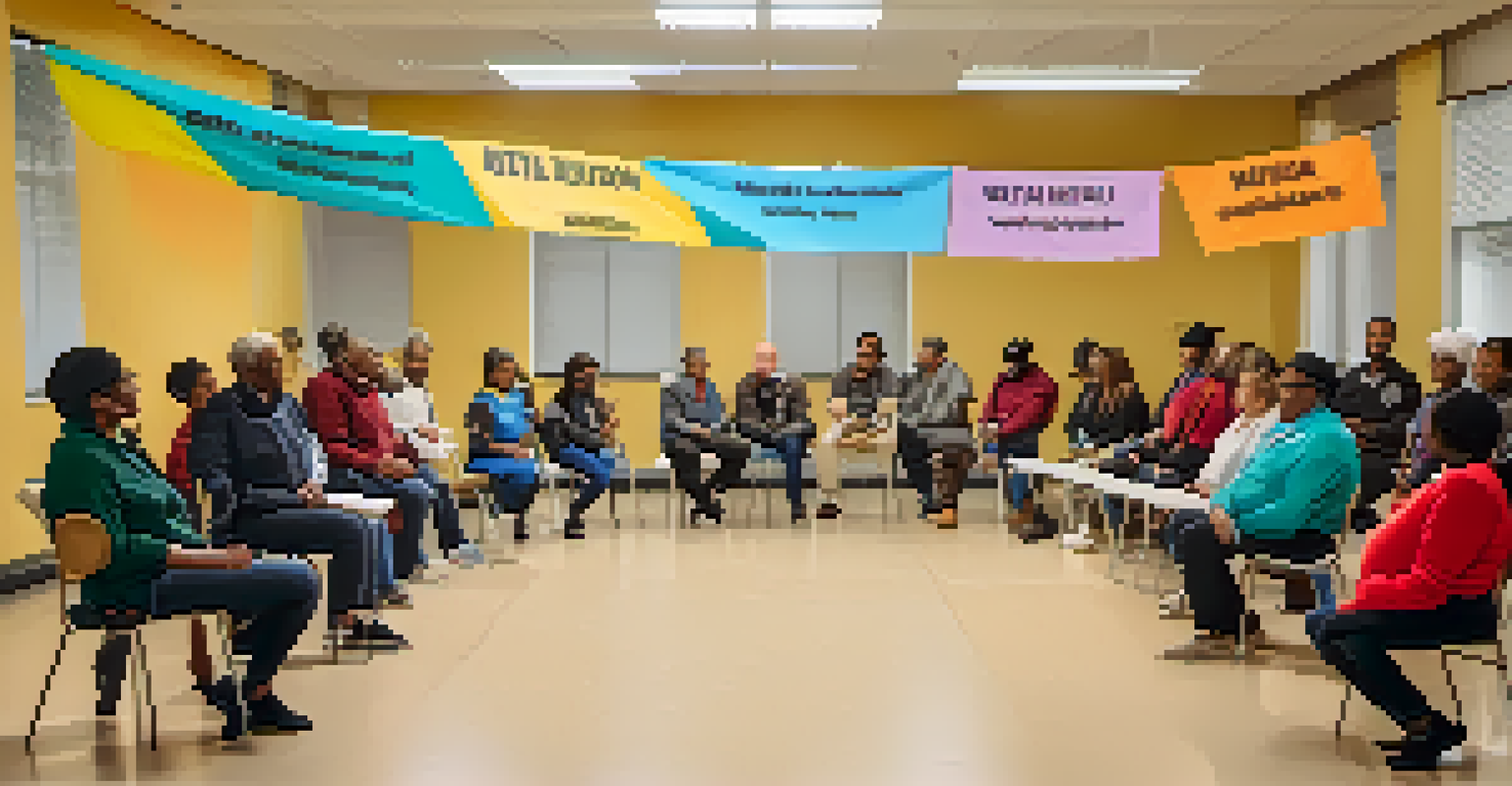 A community forum with residents discussing mental health with professionals in a well-lit community center, promoting awareness with colorful banners.