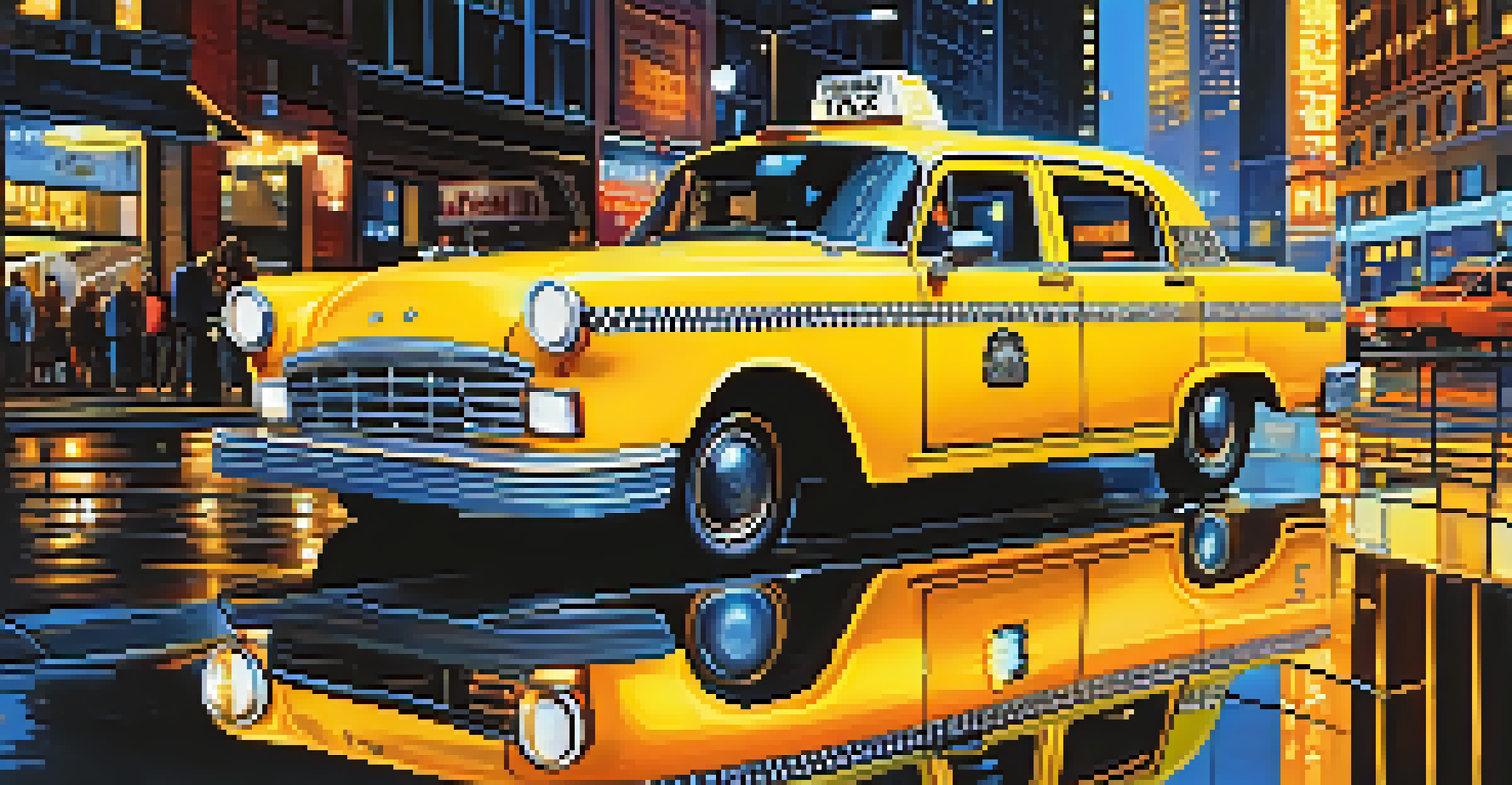 A modern yellow taxi parked in front of a neon-lit diner in New York City at night, with reflections on the wet pavement.