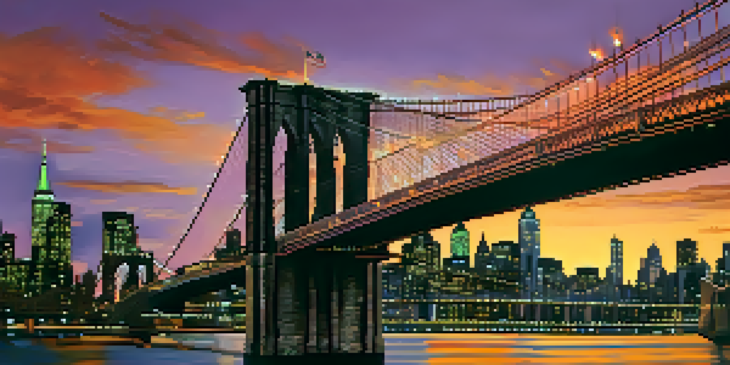 A scenic sunset view of the Brooklyn Bridge with vibrant colors in the sky and silhouetted pedestrians.