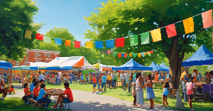 A lively community event in a park with diverse people engaging in games and workshops, under a clear blue sky.