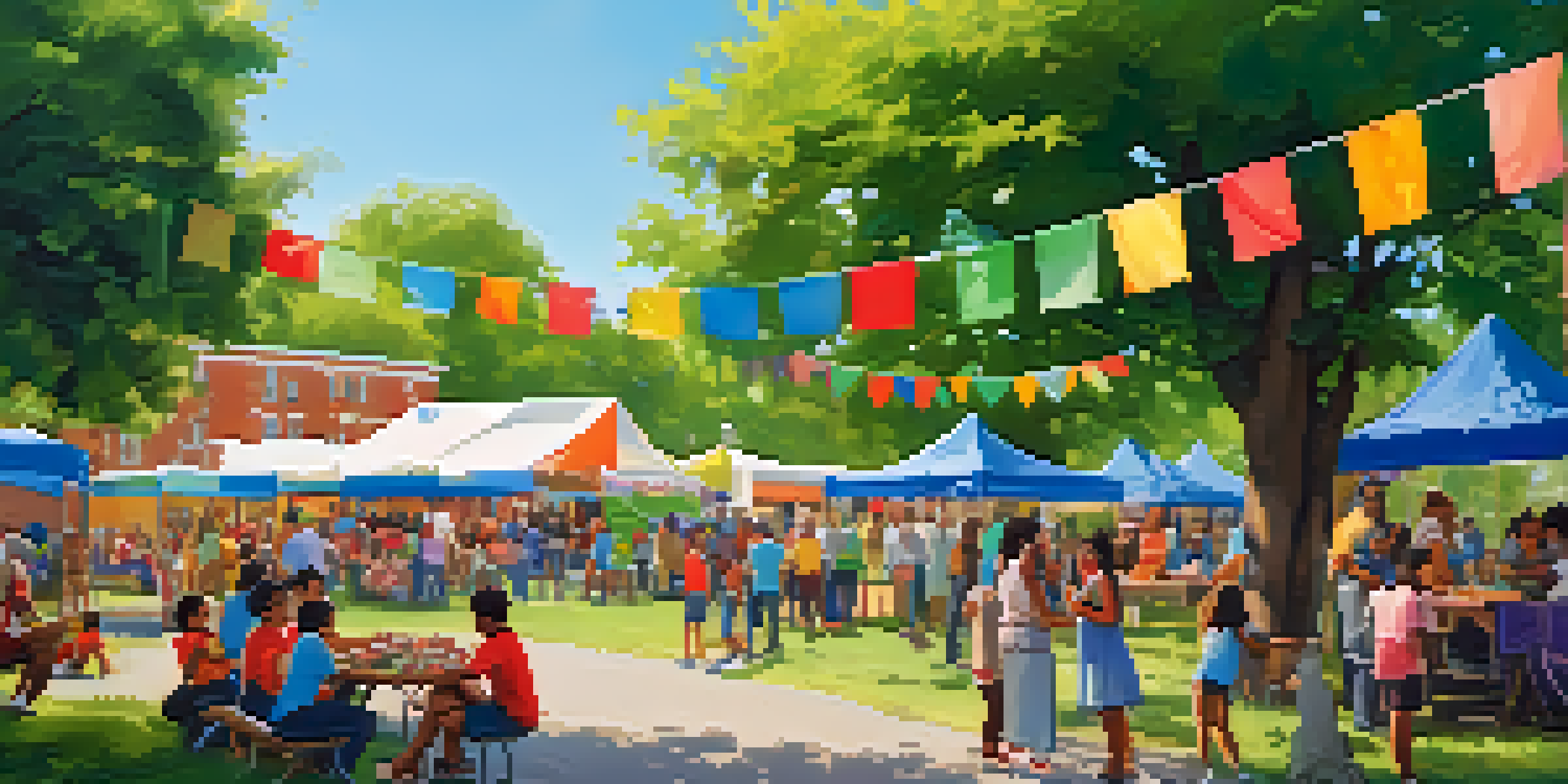 A lively community event in a park with diverse people engaging in games and workshops, under a clear blue sky.