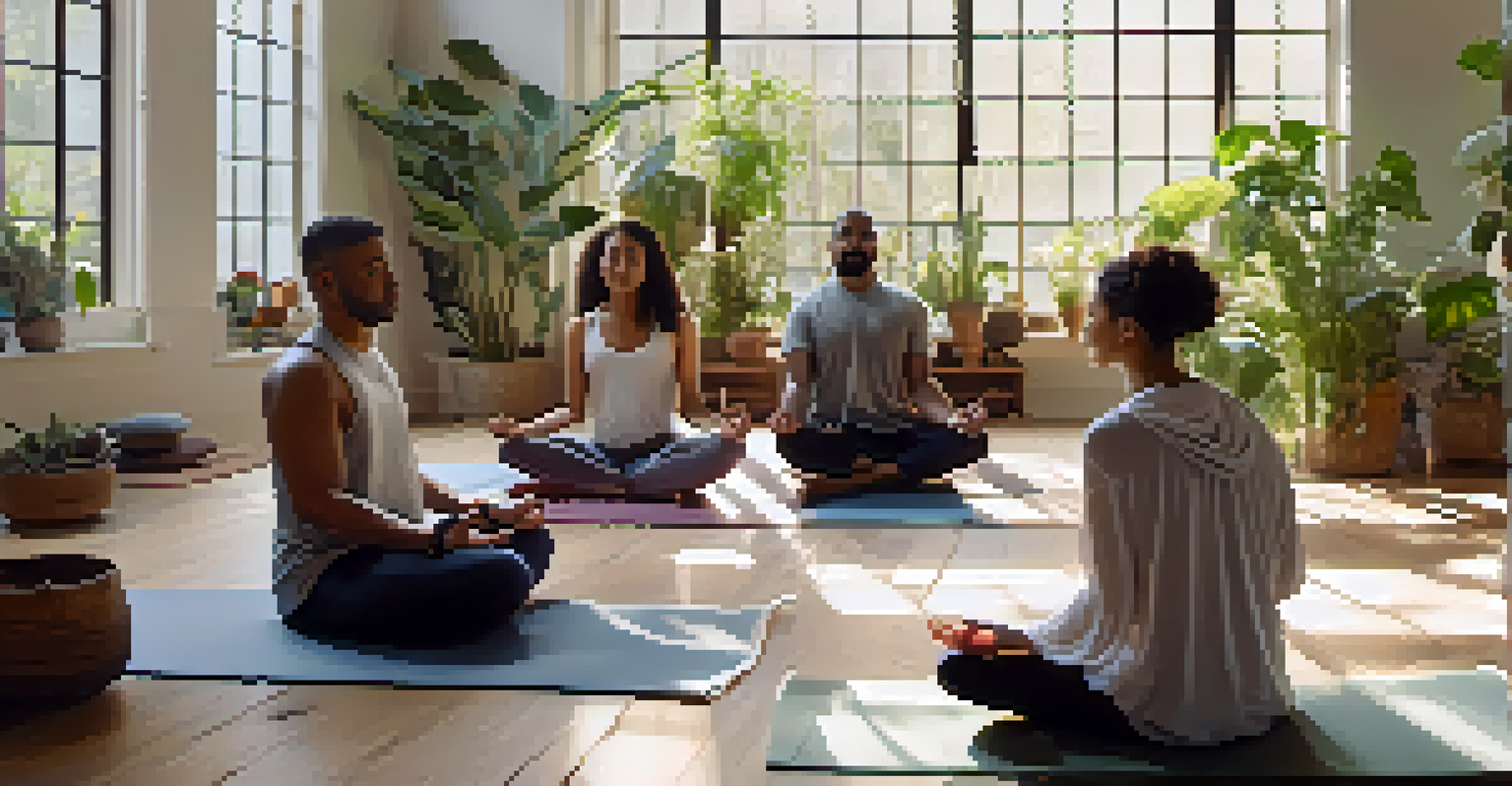 A serene workshop scene where individuals practice mindfulness meditation, sitting on yoga mats in a softly lit room filled with plants, conveying tranquility and community support.