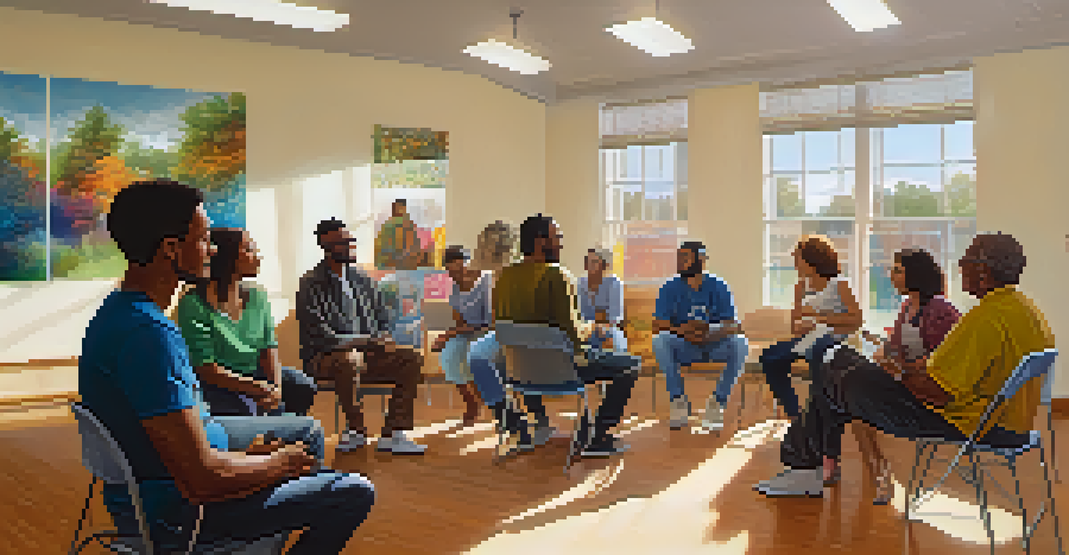 A diverse support group meeting in a community center room, with participants seated in a circle and engaging in conversation.
