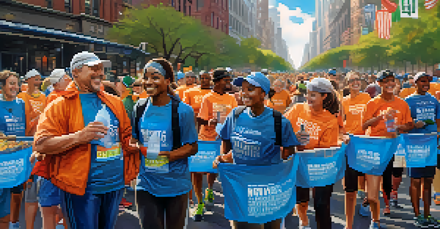 Volunteers providing water and snacks to marathon runners, showcasing community support and enthusiasm.
