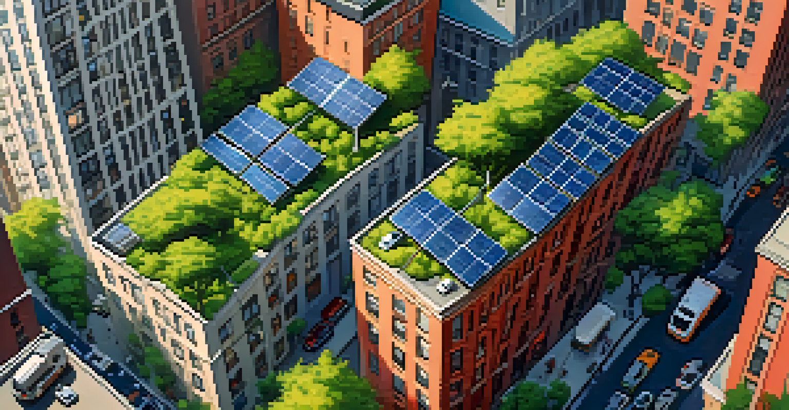An aerial view of New York City featuring solar panels and electric vehicles on the streets.