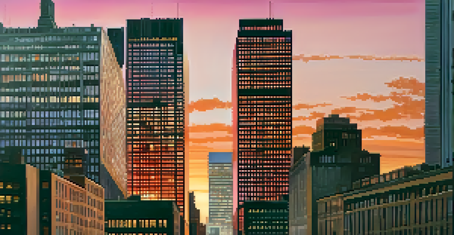 A sunset view of the Seagram Building with warm hues reflecting off its glass surface, framed by silhouettes of nearby buildings.