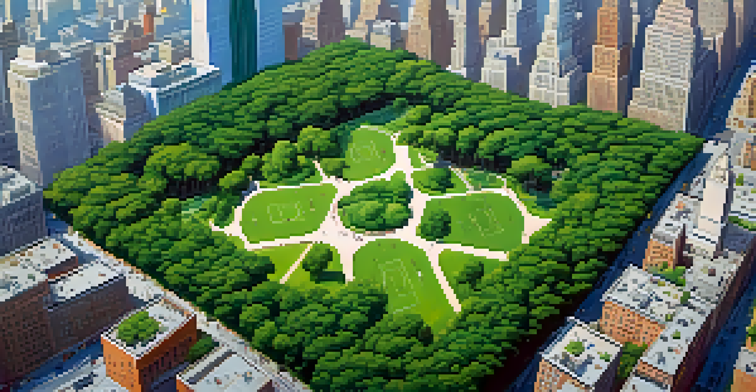 Aerial view of a green park in New York City surrounded by tall buildings, showcasing families and activities.