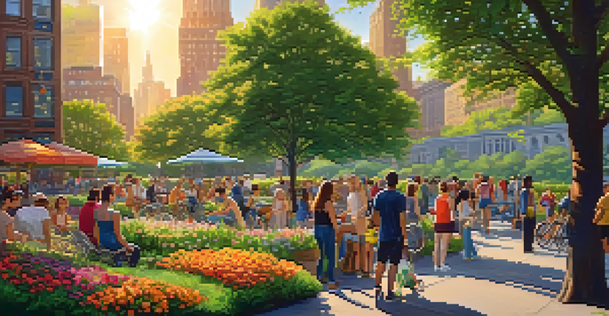 A vibrant park in New York City filled with diverse people enjoying outdoor activities, with the skyline in the background during sunset.