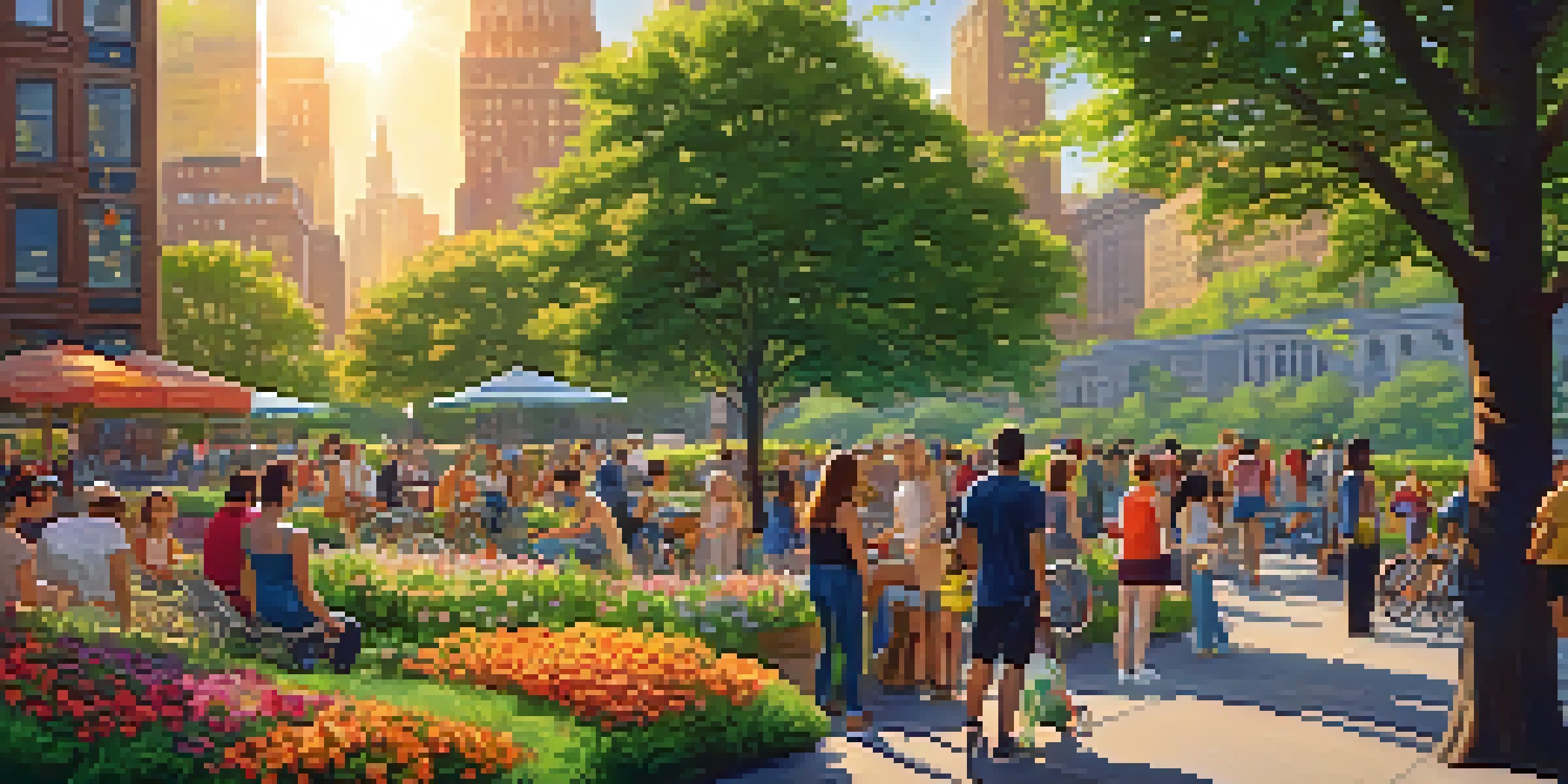 A vibrant park in New York City filled with diverse people enjoying outdoor activities, with the skyline in the background during sunset.