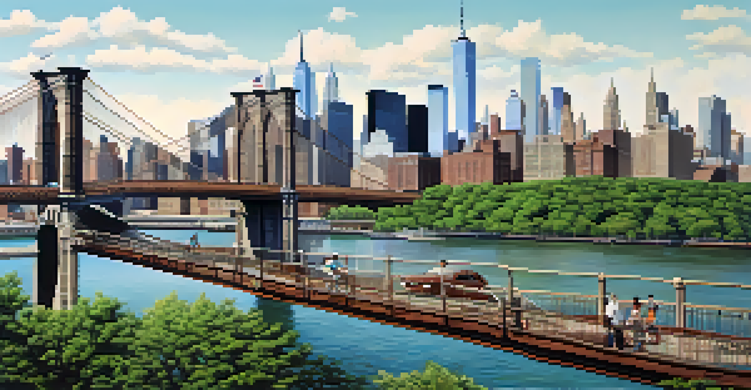 Panoramic view of the Brooklyn Bridge with the Manhattan skyline and bustling activity in the foreground.