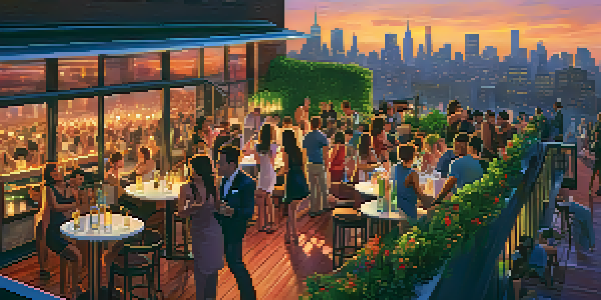 A bustling rooftop bar in NYC with people enjoying drinks and dancing, set against a beautiful sunset skyline.