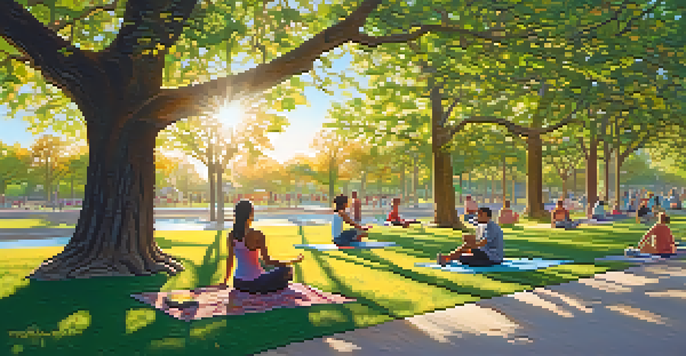 A peaceful urban park with people jogging, picnicking, and practicing yoga, surrounded by lush trees and colorful flowers during sunset.