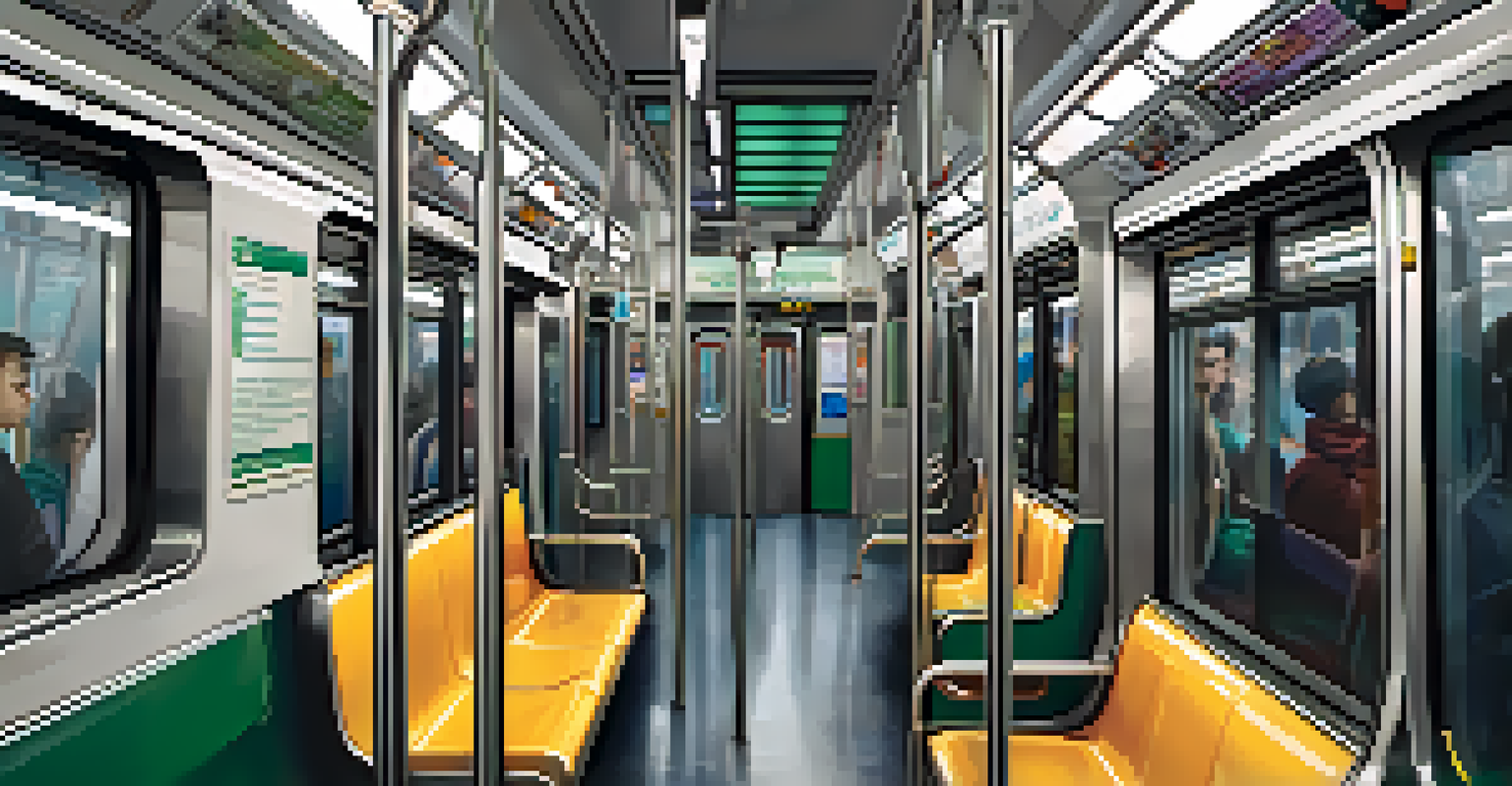 Interior of a clean and modern New York City subway train with passengers and digital displays indicating stops.