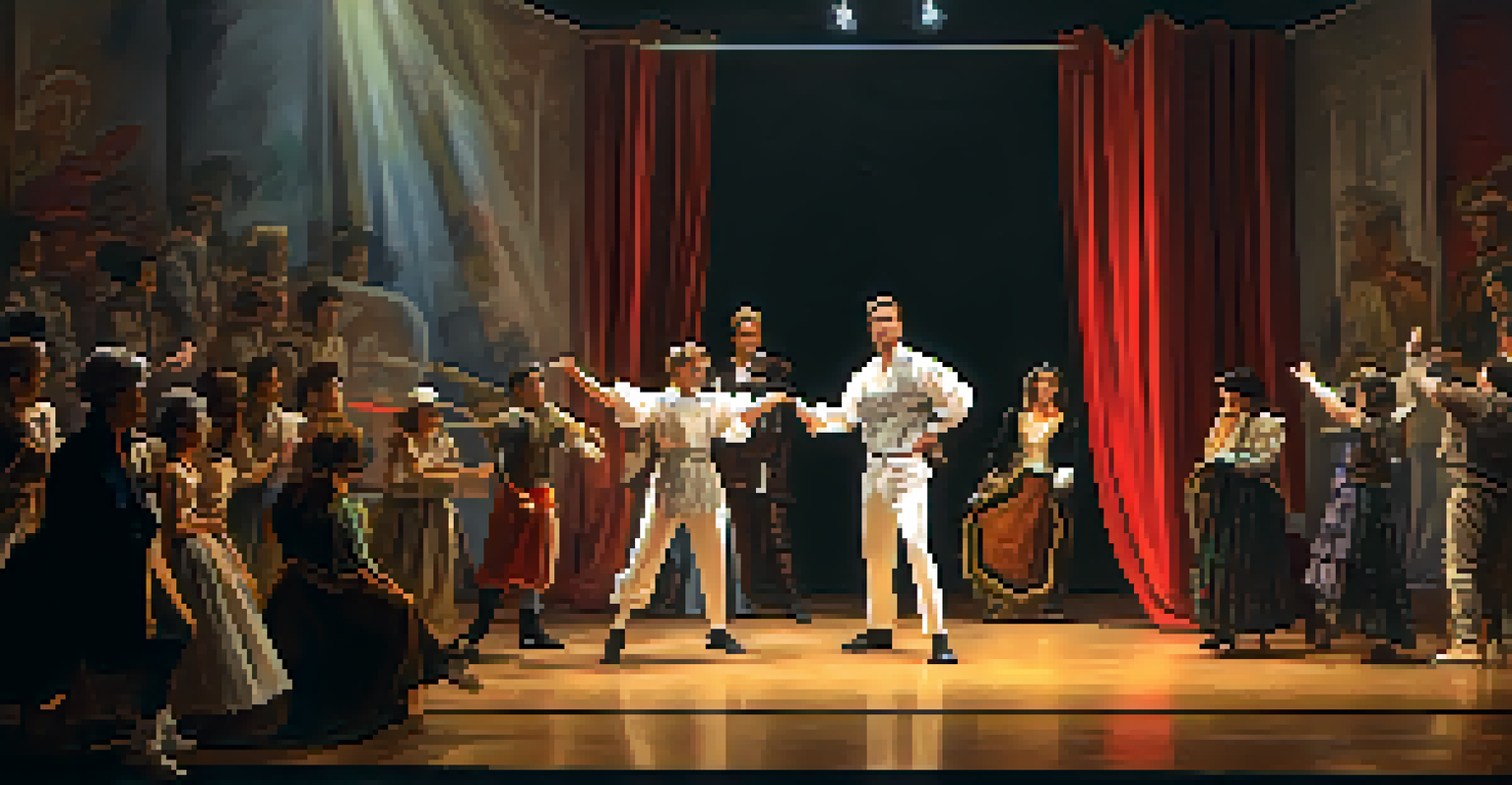 Actors rehearsing on stage with a director and set designers in a creative environment.