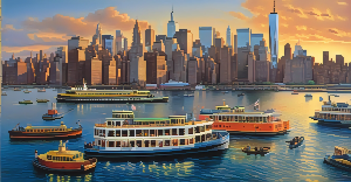 A lively New York City waterfront with ferries and water taxis, the Manhattan skyline in the background during sunset.