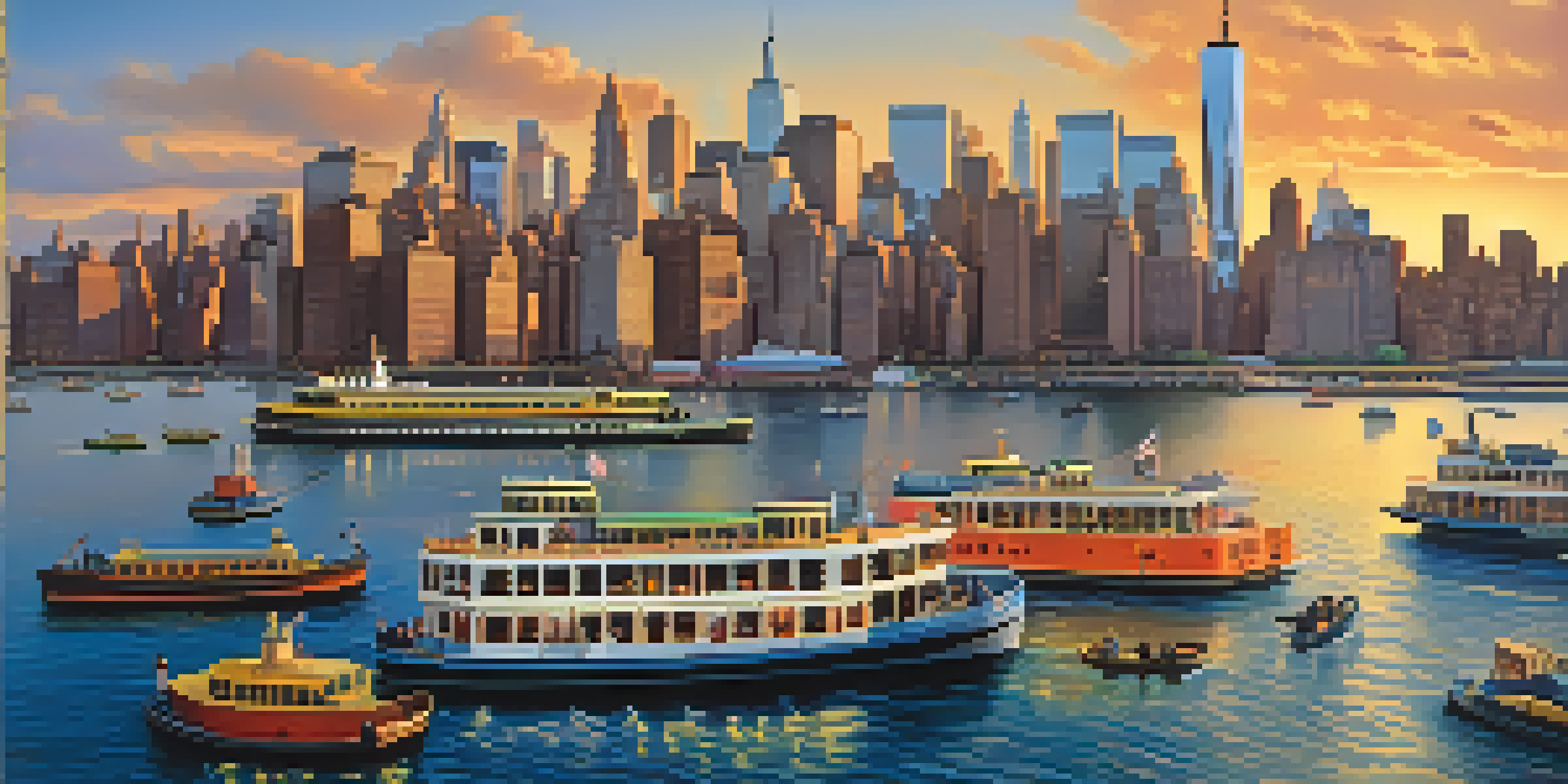 A lively New York City waterfront with ferries and water taxis, the Manhattan skyline in the background during sunset.