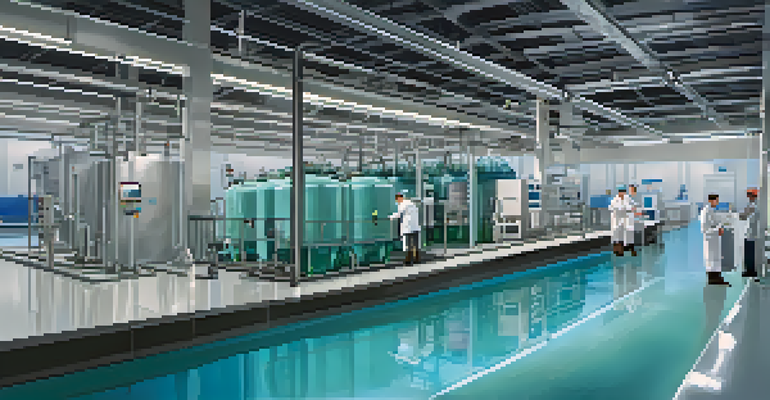 An indoor view of a modern water treatment facility with technicians performing water quality tests.