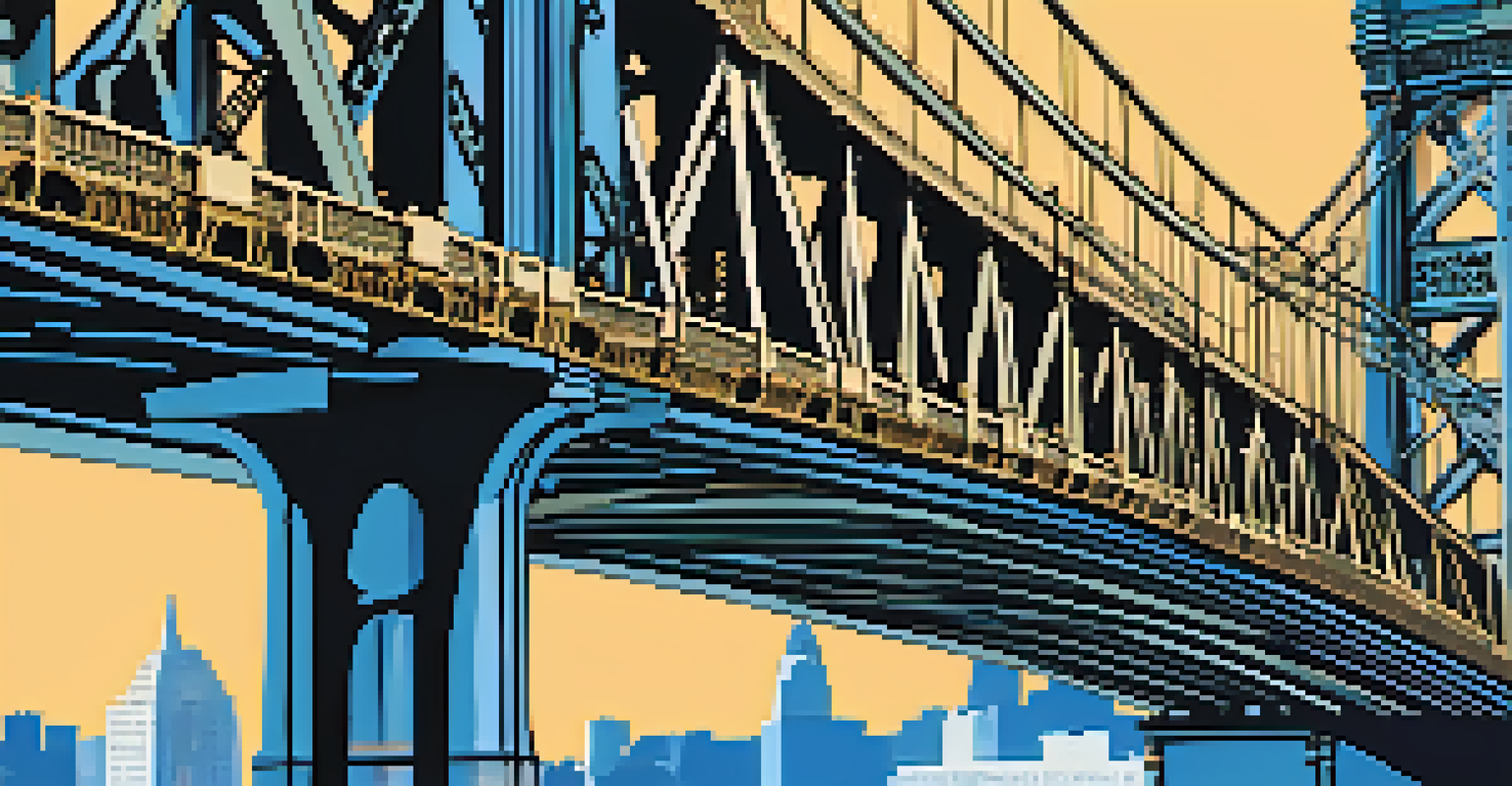 A detailed view of the Manhattan Bridge's Art Deco design, featuring blue arches and steel framework against a clear sky.