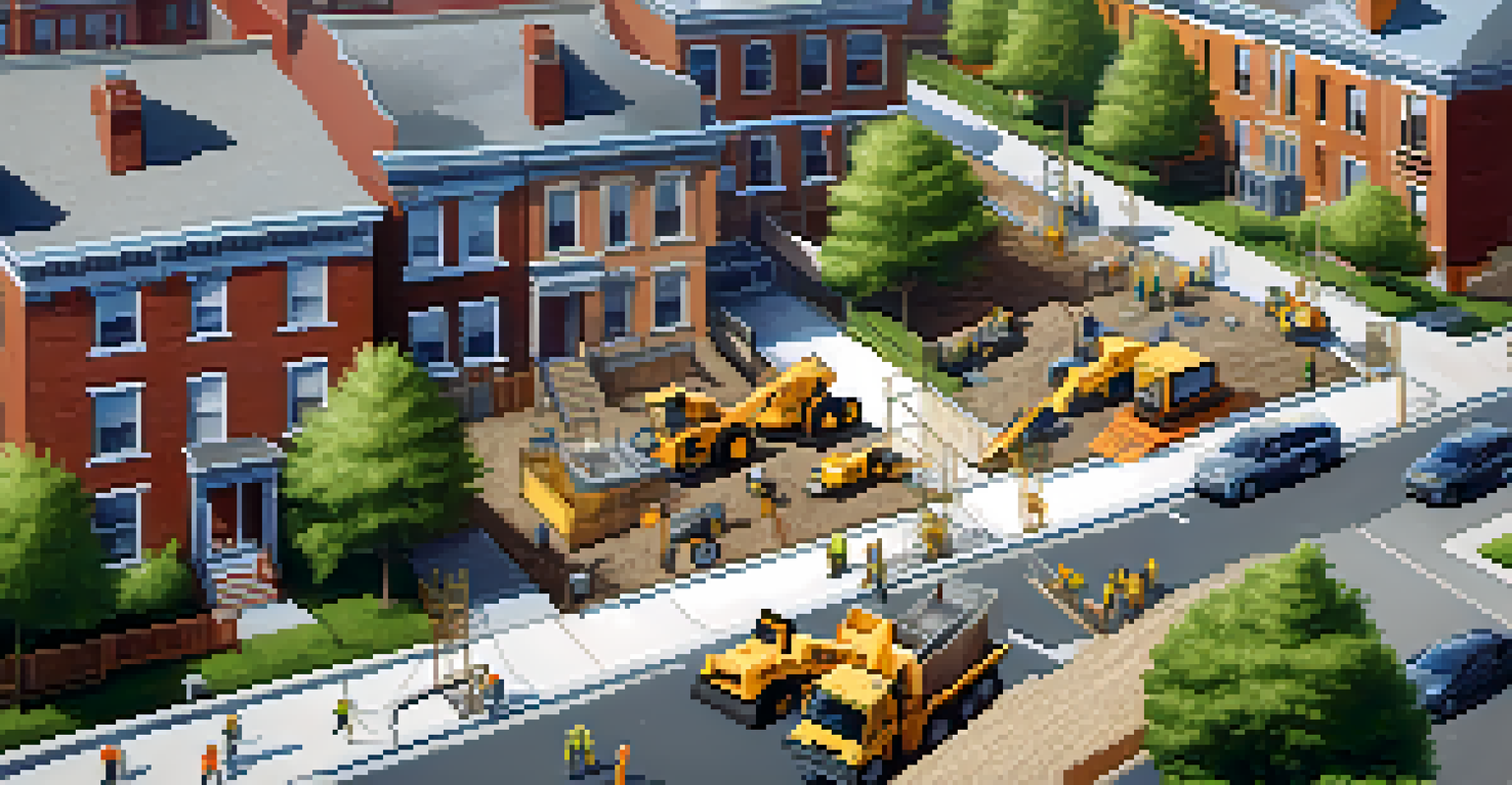 Aerial view of a New York City neighborhood with construction workers and machinery, highlighting modular housing and green spaces under a clear sky.