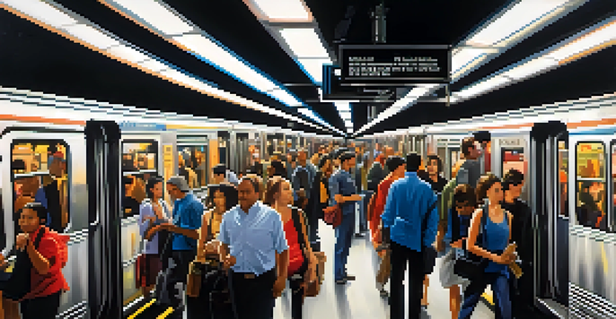 A busy subway station in New York City with diverse commuters and colorful murals.