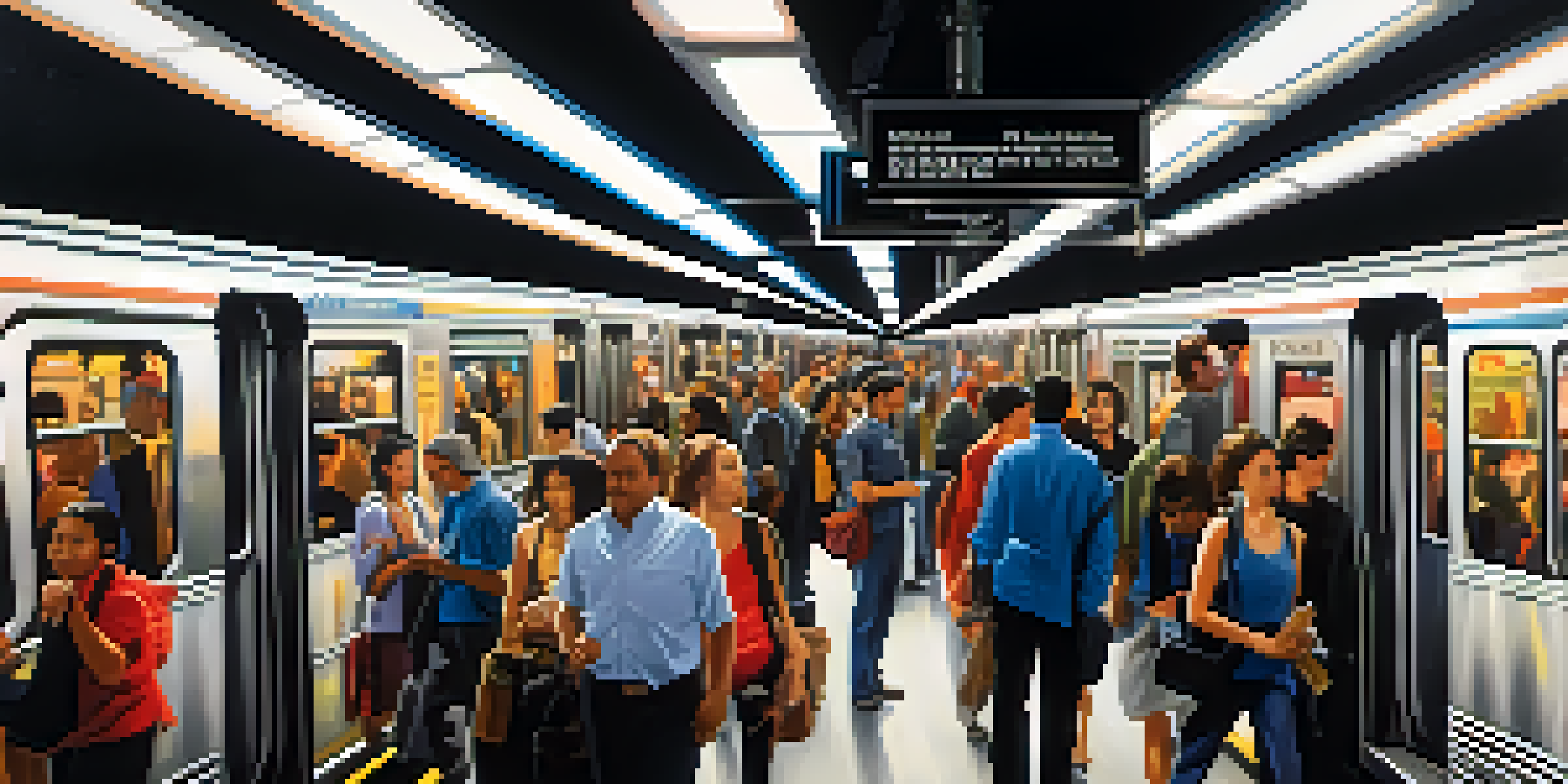 A busy subway station in New York City with diverse commuters and colorful murals.
