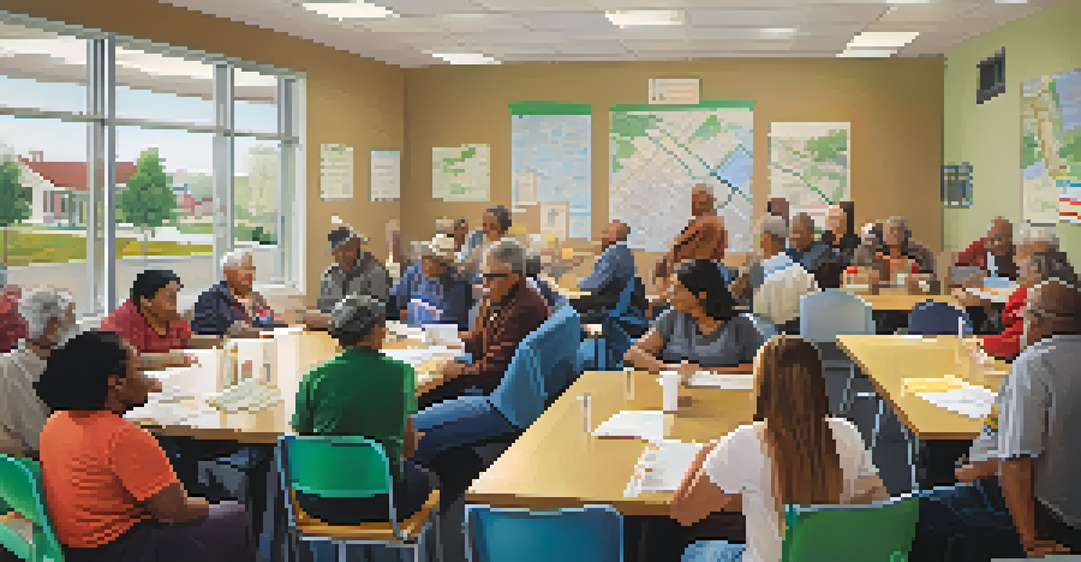 Residents participating in a community meeting to discuss transportation issues, surrounded by maps and charts, emphasizing engagement and diversity.