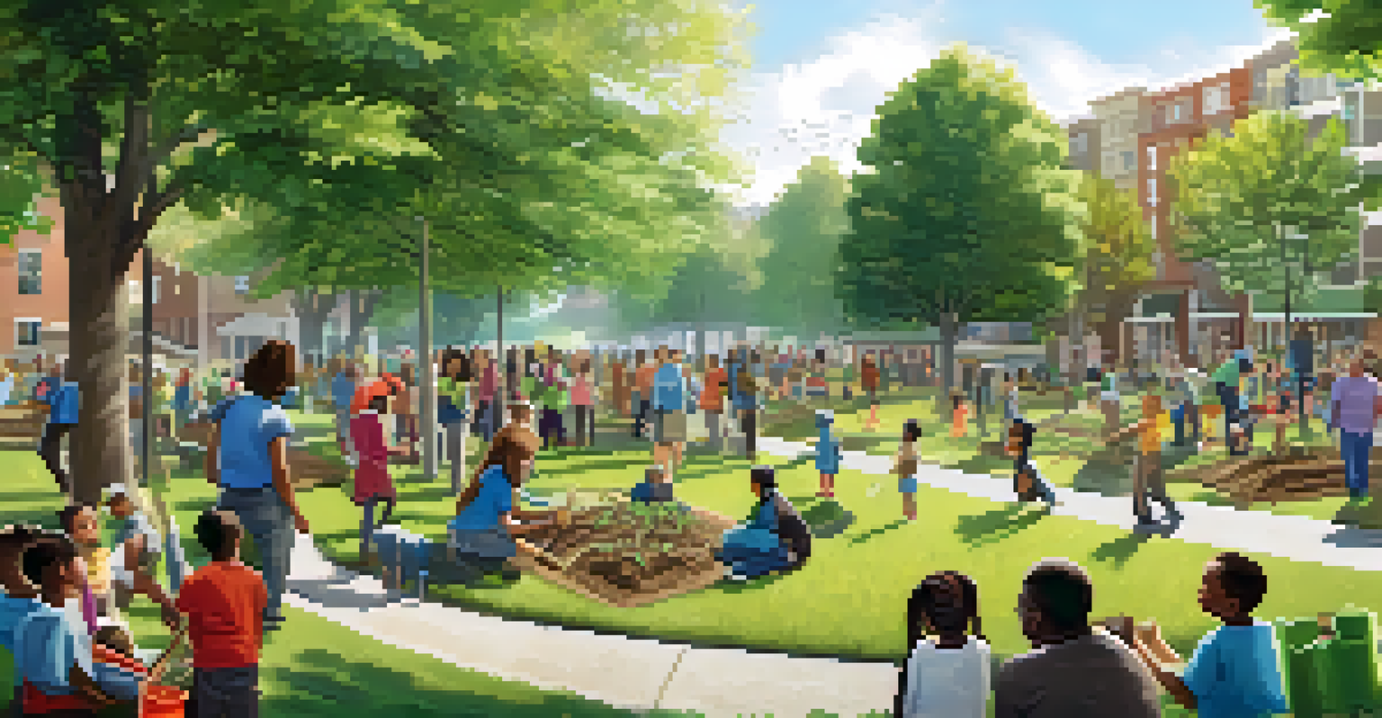 Residents participating in a community tree planting event in a neighborhood park, with families and children actively involved in planting saplings.