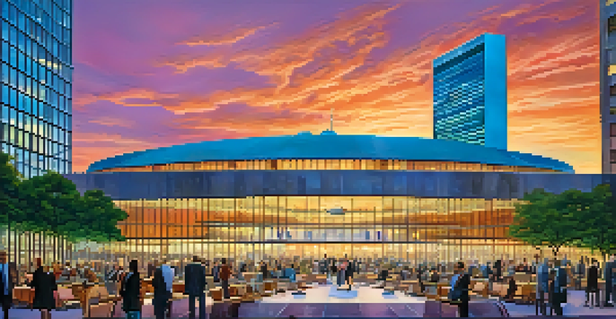 A sunset view of the United Nations Headquarters in New York City with diverse individuals discussing in the foreground.