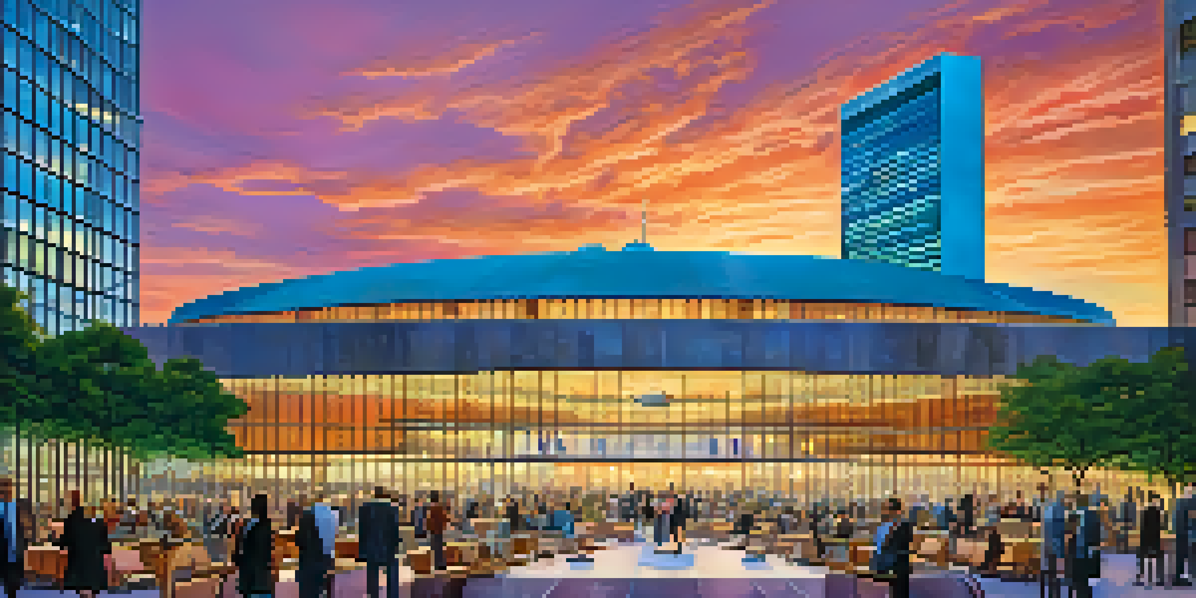 A sunset view of the United Nations Headquarters in New York City with diverse individuals discussing in the foreground.