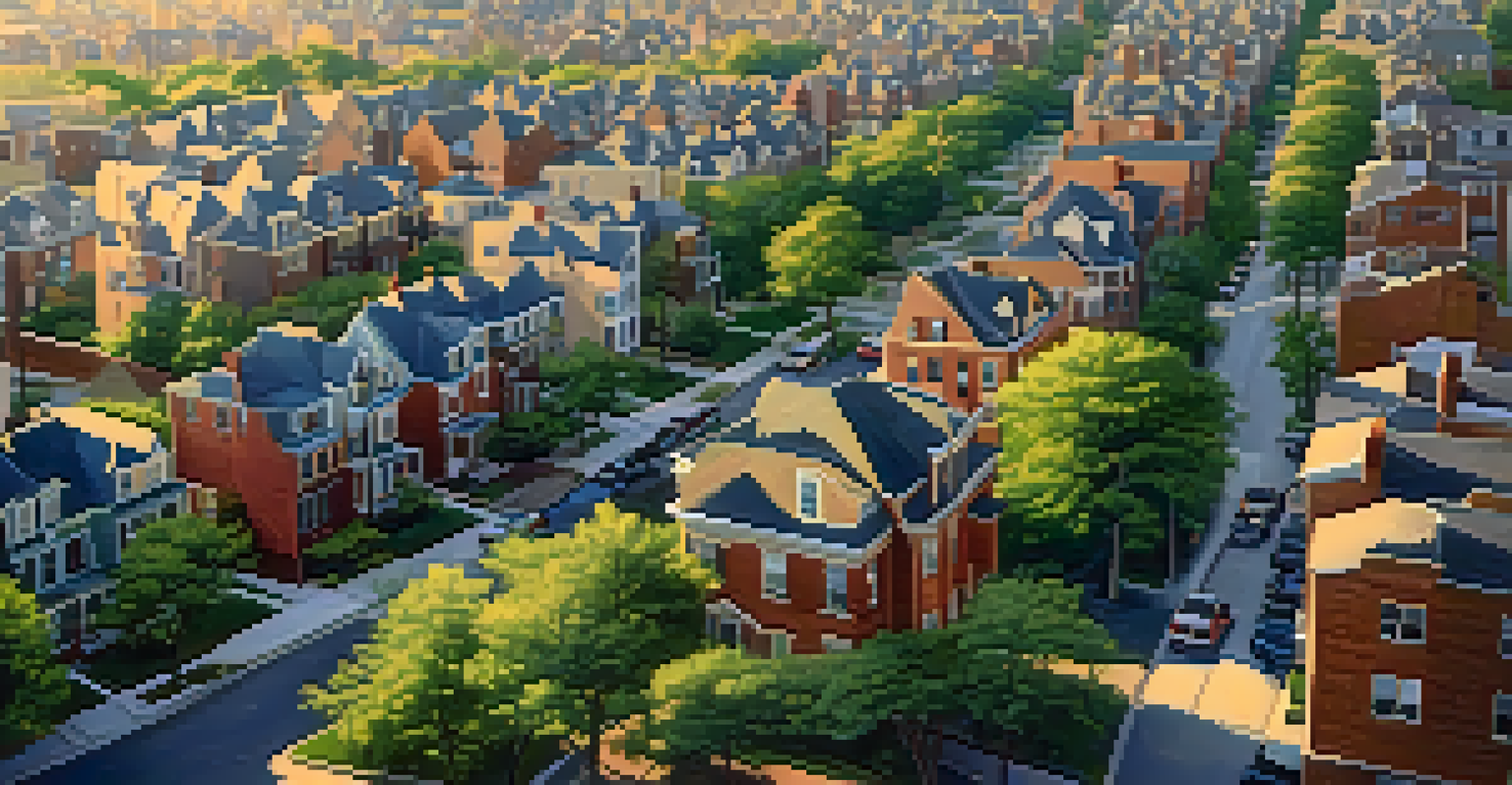 An aerial view of a New York City neighborhood showing single-family and multi-family homes with parks under soft evening light.