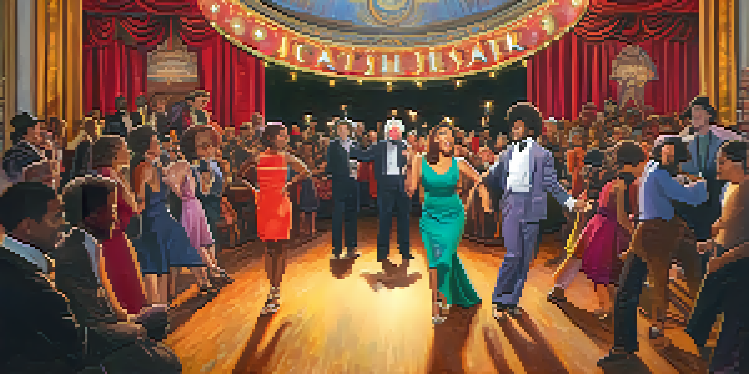 An independent theater performance in NYC with diverse actors on stage and an engaged audience. Colorful set pieces and dramatic lighting create a vibrant atmosphere.
