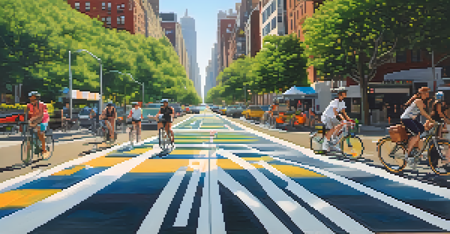 A colorful elevated bike lane in New York City with cyclists and city skyline in the background, surrounded by greenery and street art.