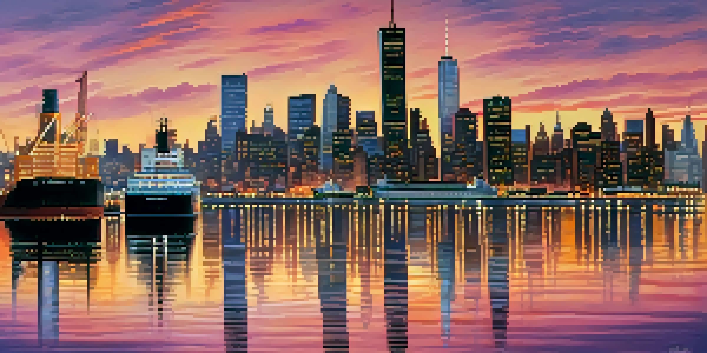 A sunset view of the New York City skyline with skyscrapers and a busy harbor.