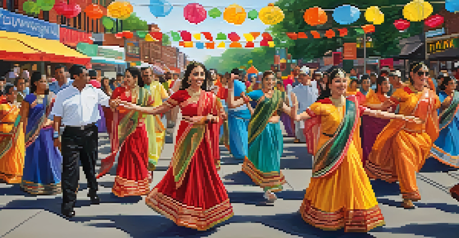 A vibrant cultural festival in Jackson Heights with dancers in traditional costumes, colorful decorations, and local artists showcasing their work.