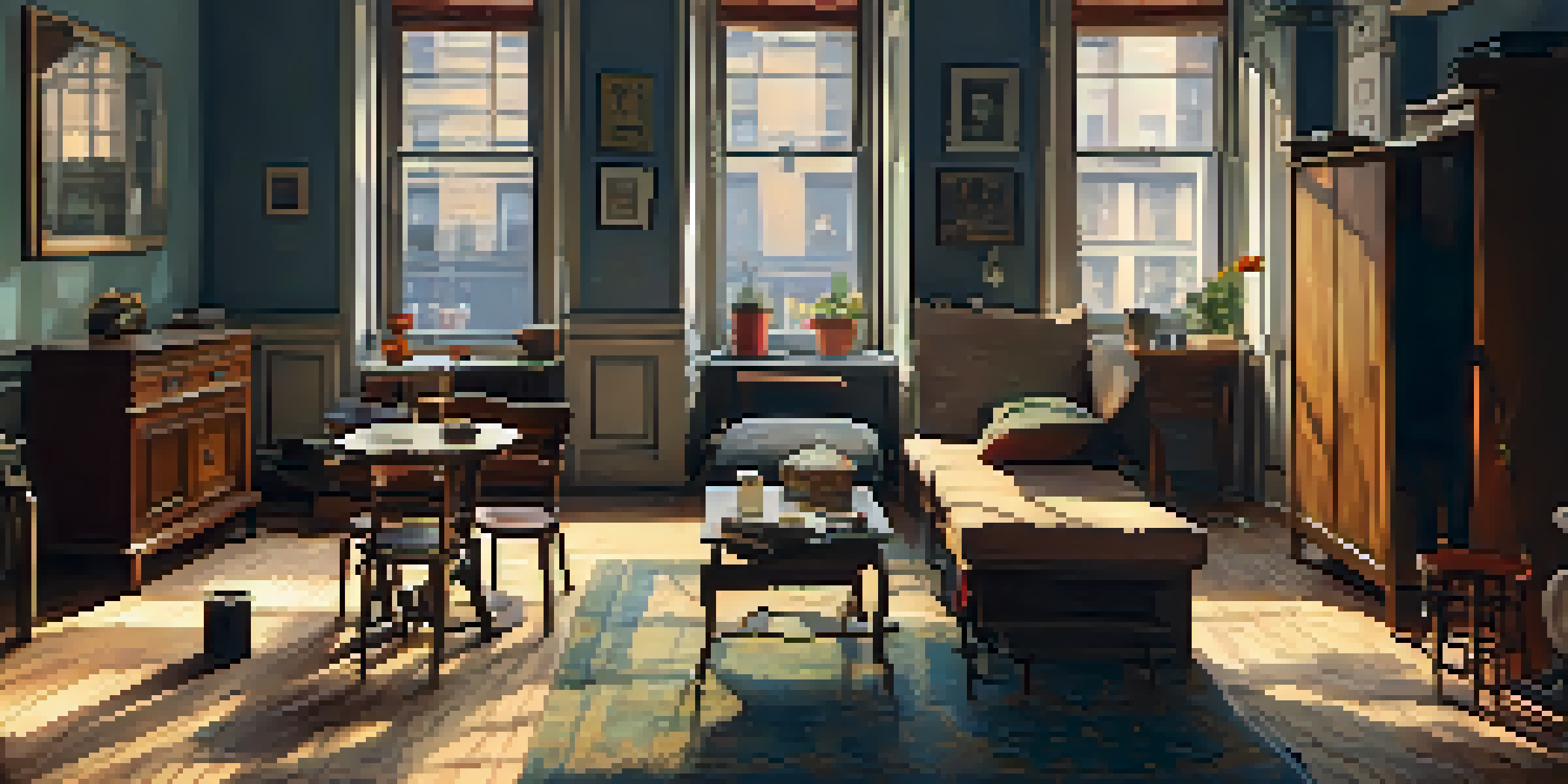 A small, vintage tenement apartment filled with period furniture and personal items, illuminated by soft natural light.