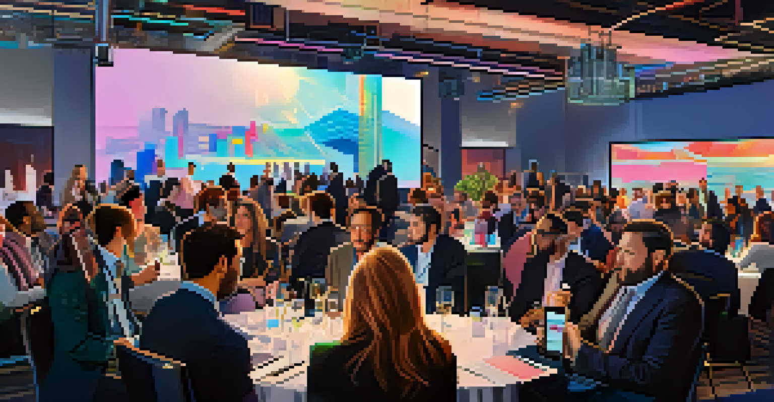 A dynamic networking event in New York City with professionals engaging in discussions and a speaker presenting on stage.