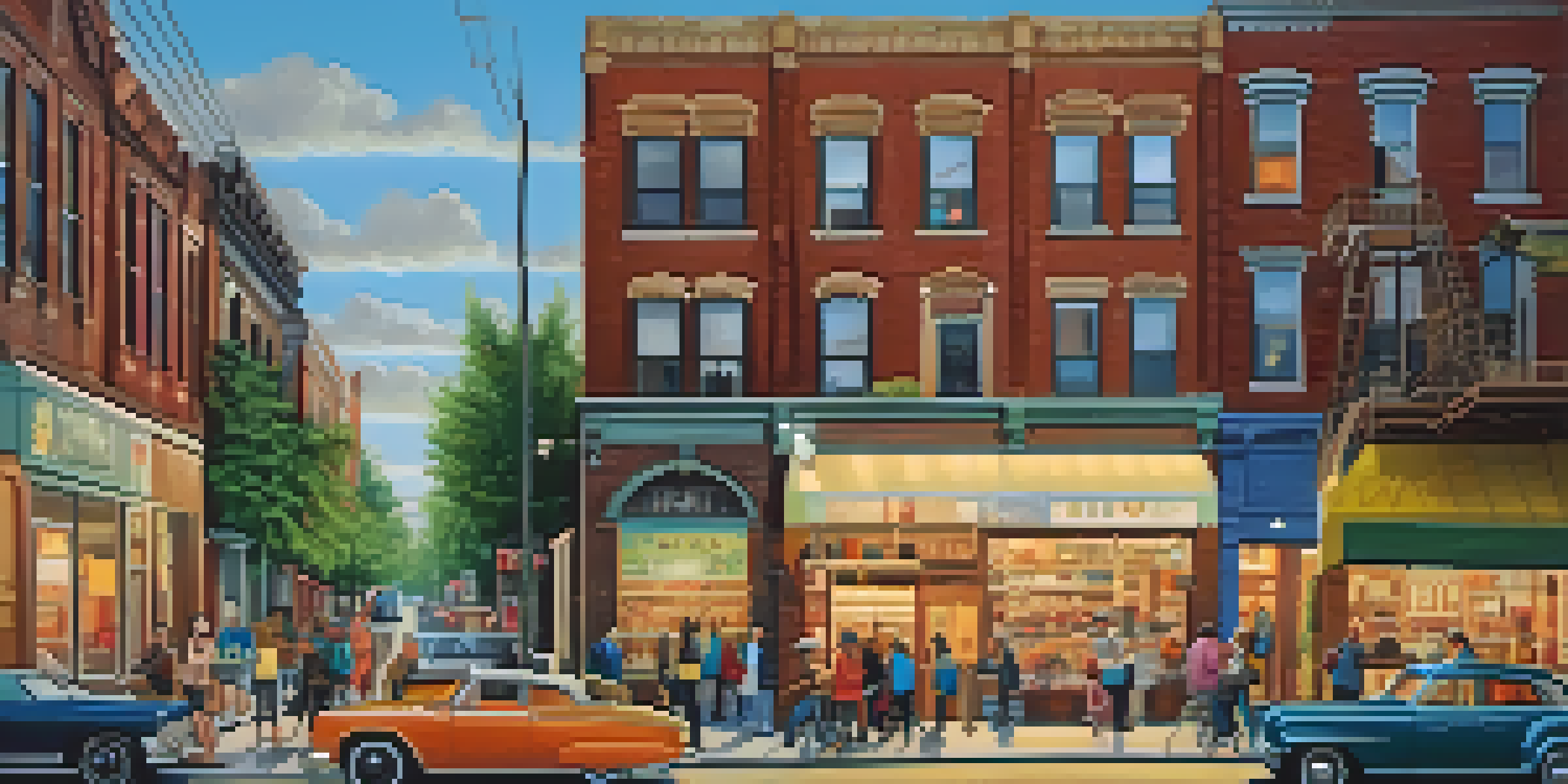An urban street scene showing a diverse neighborhood with old and new businesses, colorful murals, and people interacting.
