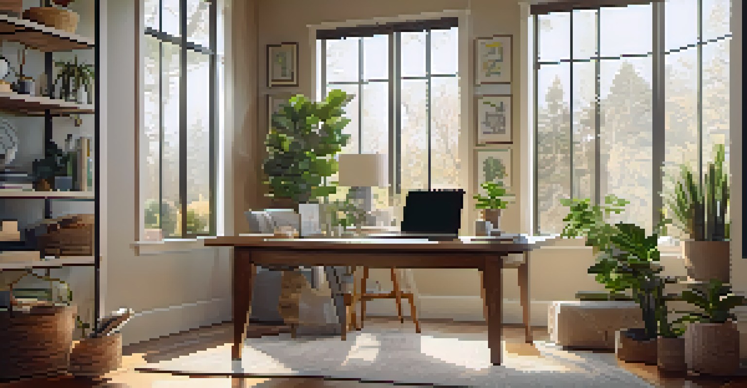 A bright home office in a suburban living room filled with personal touches and natural light.