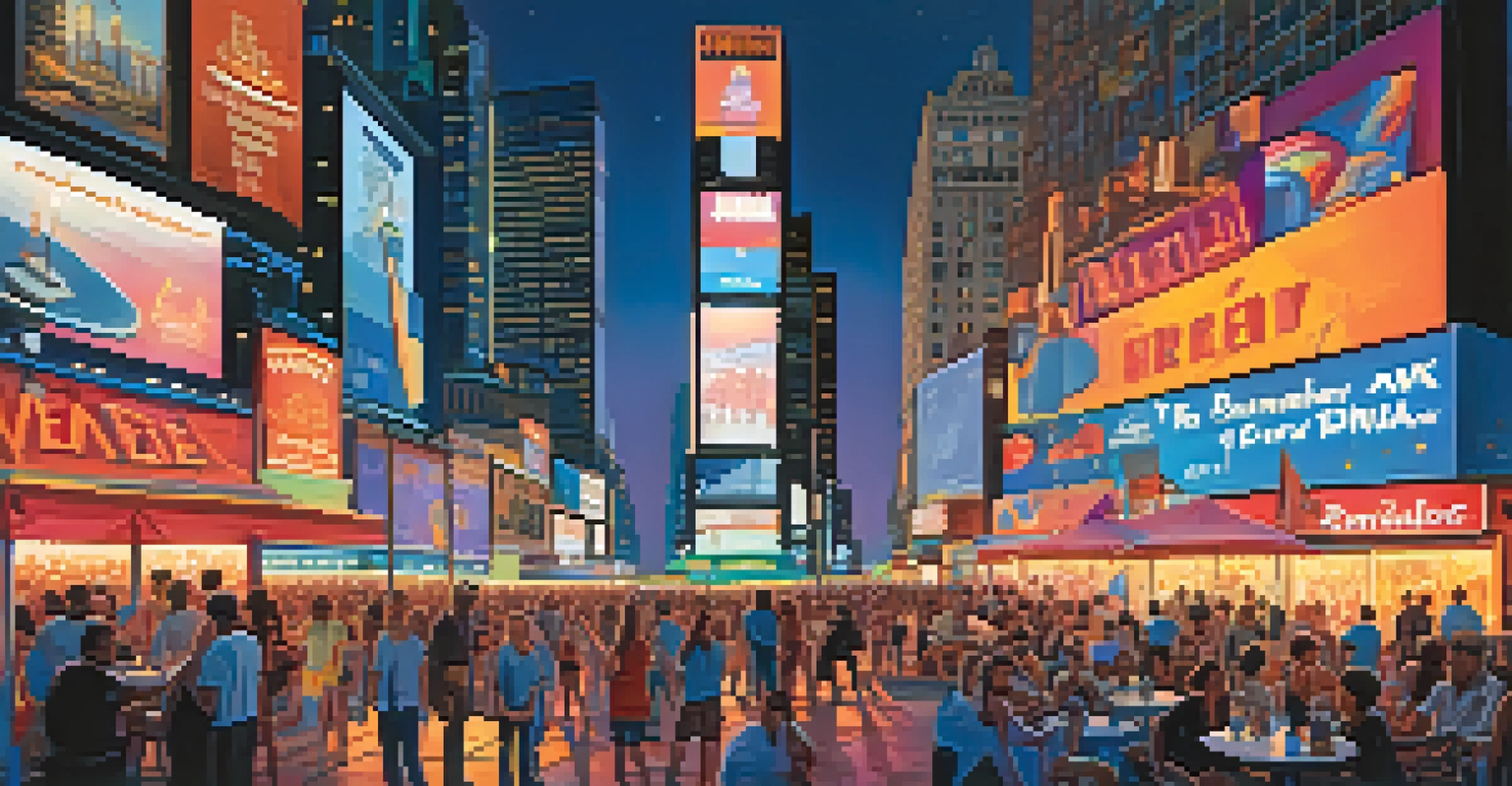 A lively summer evening in Times Square with bright neon lights, crowded streets, and a colorful sunset sky.
