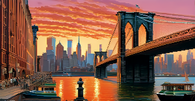 A panoramic view of the Brooklyn Bridge at sunset with people walking on the bridge and boats in the river below.