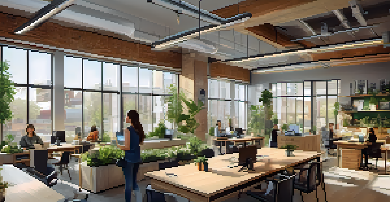 An interior of a shared workspace in a mixed-use development, with people collaborating and natural light.