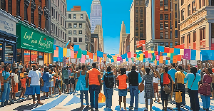 A diverse group of people protesting for human rights in New York City with colorful banners and iconic buildings in the background.