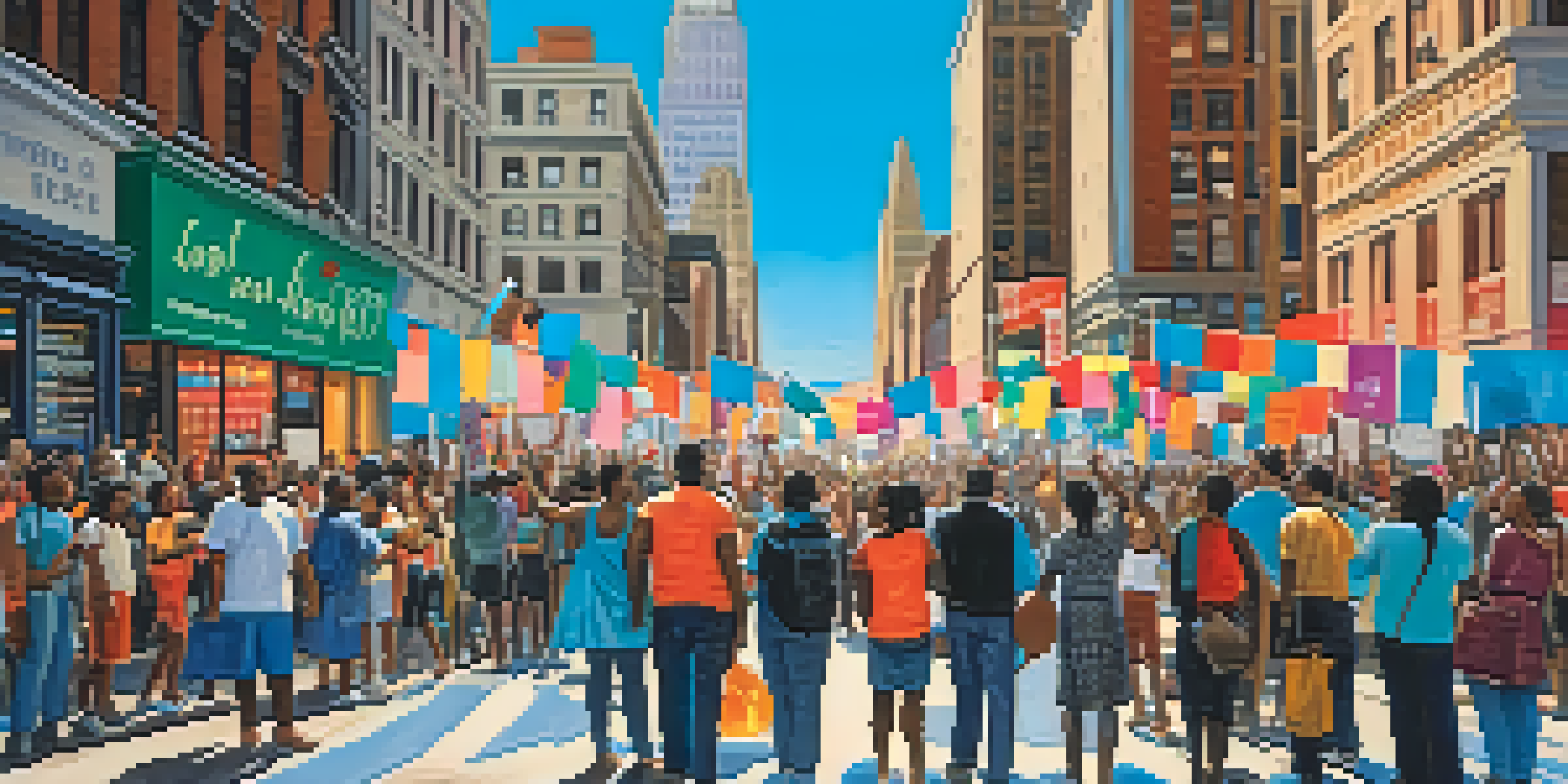 A diverse group of people protesting for human rights in New York City with colorful banners and iconic buildings in the background.