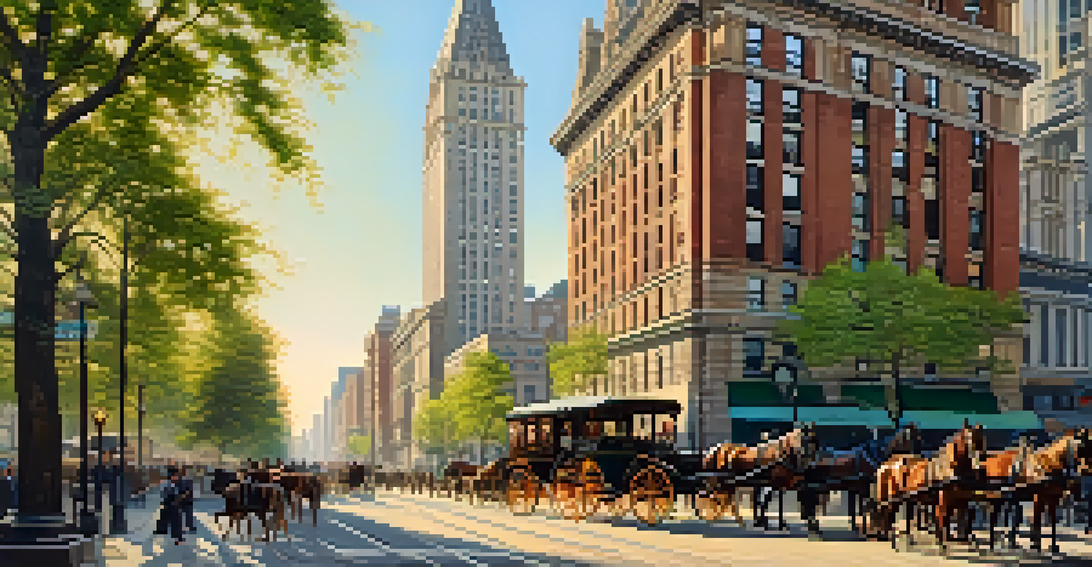 An artistic view of late 19th century Manhattan showcasing skyscrapers like the Flatiron Building, with bustling street life and vibrant colors.