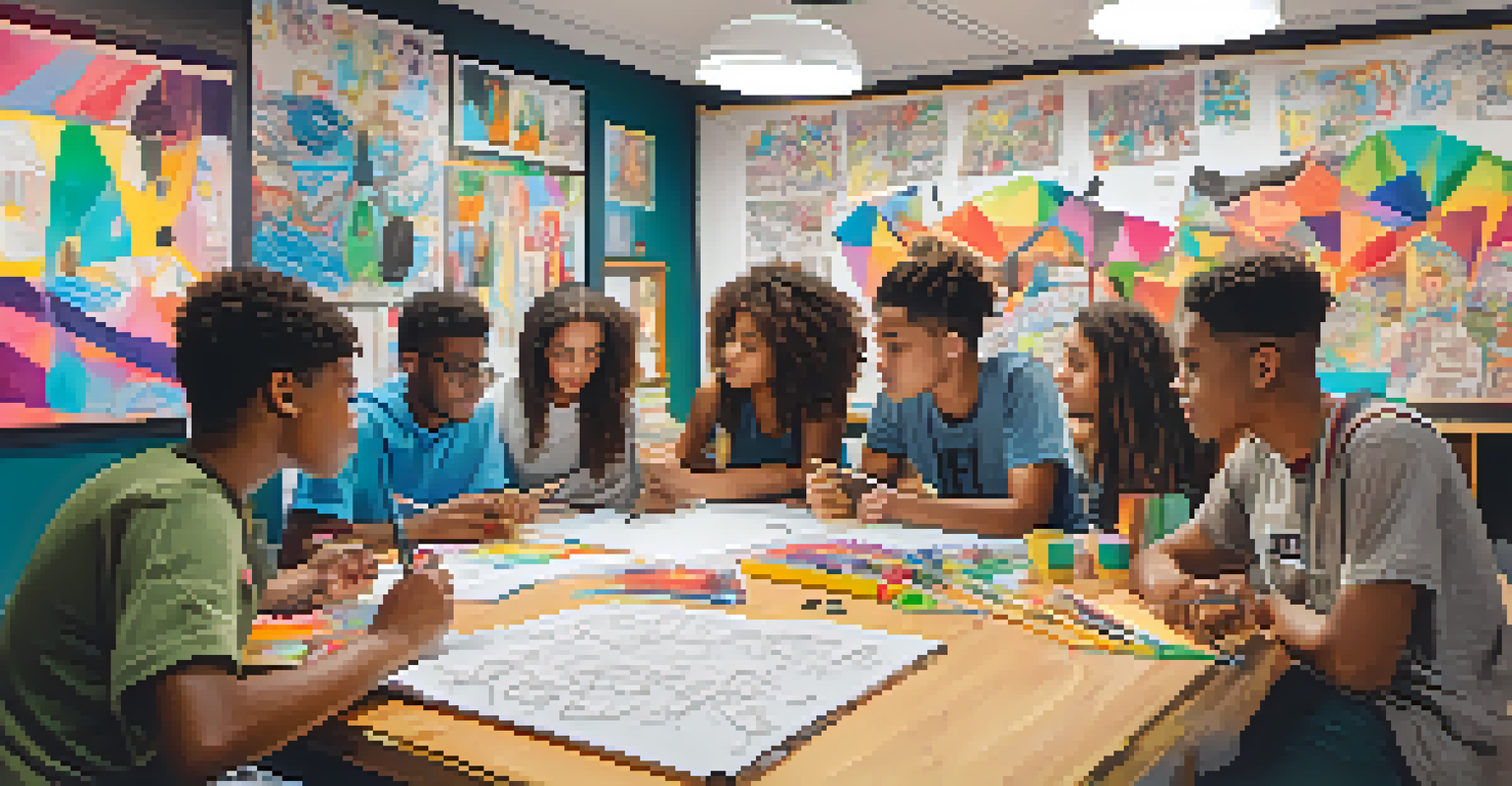 A vibrant community center where a group of youth are brainstorming ideas related to social justice, surrounded by art and posters.