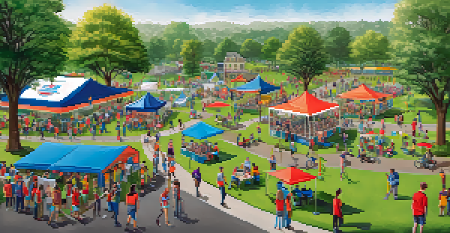 An aerial view of families and individuals practicing for a disaster drill in a community park, with banners and booths promoting preparedness.